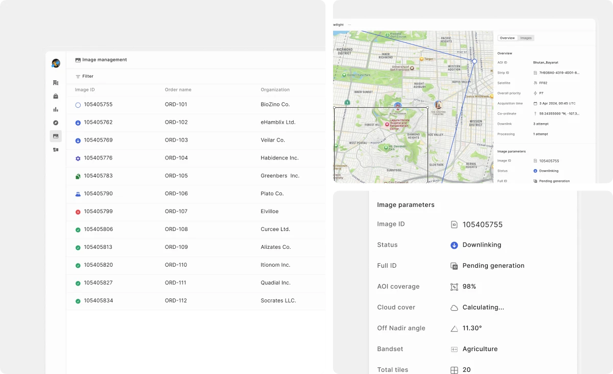 Image management: every image with its status, a capture strip over the AOI on a map, and an image's parameters