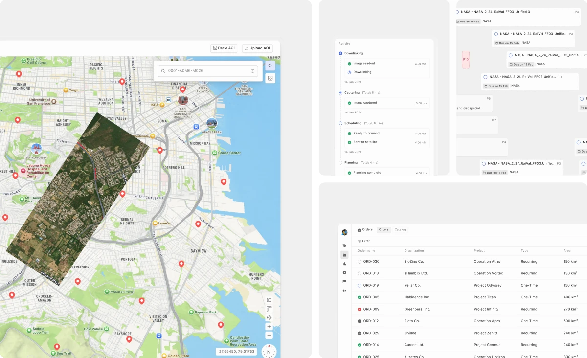 Order Desk Admin screens: an order's capture over its area on a map, its activity, tasks and the orders list