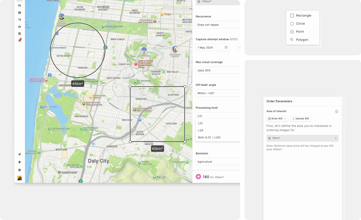 Order parameters as set in Order Desk: areas of interest drawn on the map, capture window, cloud cover and processing level