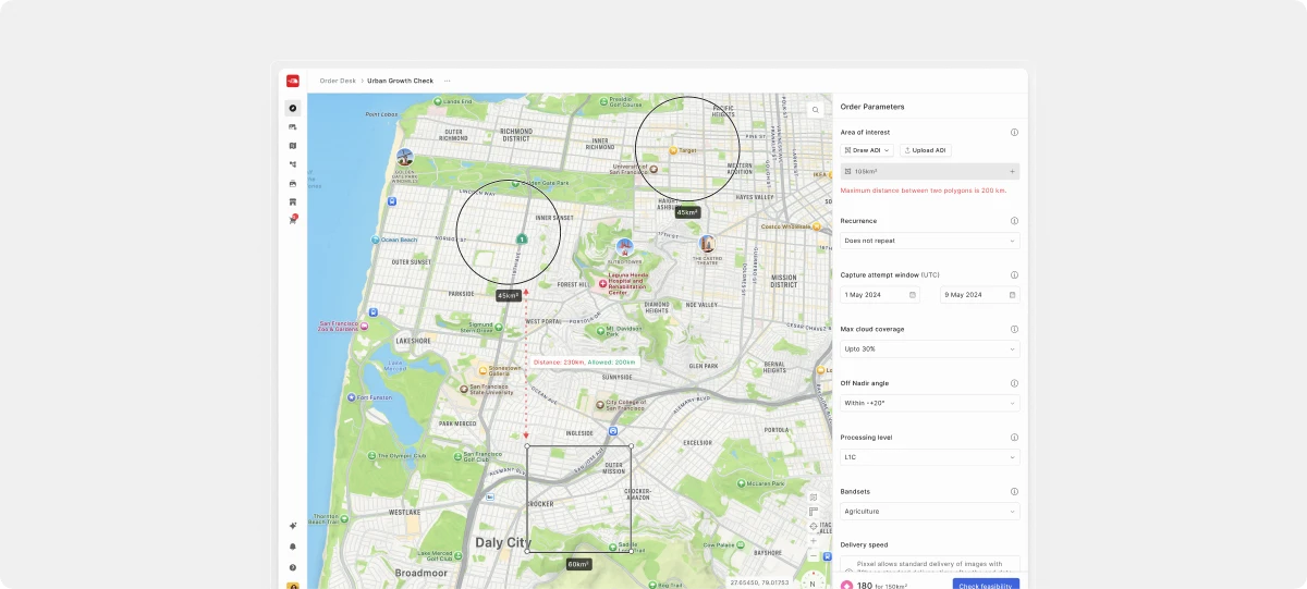 Several areas of interest on a map with a warning that they are too far apart to capture together