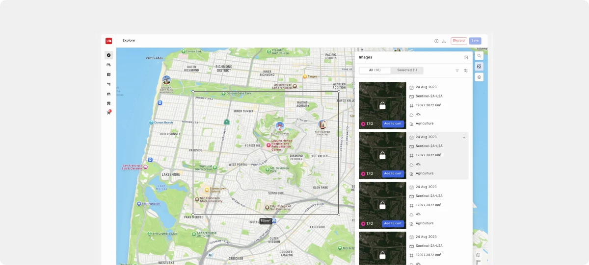 Explore view listing archive images for an area, each with capture date, satellite and cloud cover