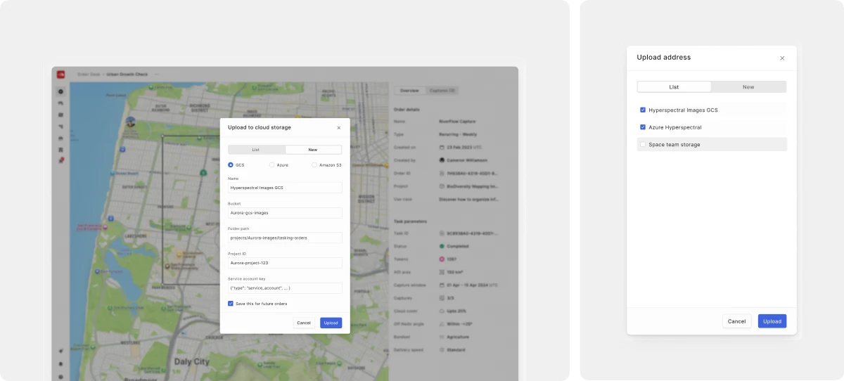 Upload to cloud storage dialog with GCS, Azure and Amazon S3 options, and a saved upload address