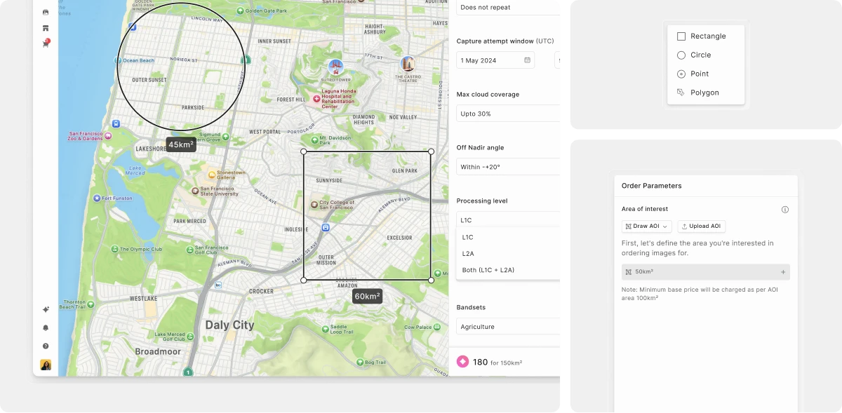 Areas of interest drawn as a circle and a rectangle on a map, with shape tools and order parameters