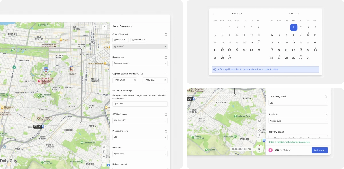 Order parameters beside the map, a capture-window date picker and live pricing