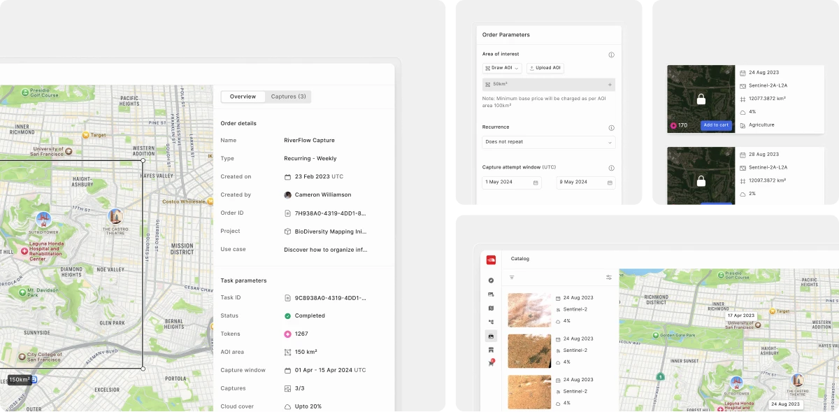 Order Desk screens: order details on a map, area-of-interest options, archive results and the catalog