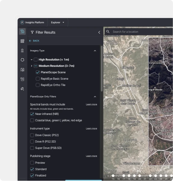 Planet Labs' imagery filters next to a satellite map