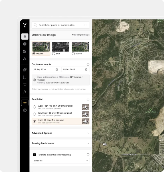 SkyFi's new-image order form next to a satellite map